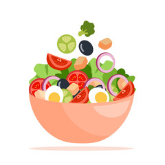 Vegetables and eggs in flat design. Salad bowl for healthy meal. Vegetarian dish. Healthy food on white background.