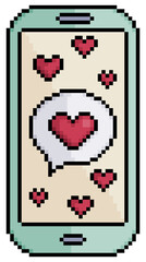 Pixel art cell phone with love message vector icon for 8bit game on white background