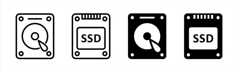 SSD Solid state drive icon. HDD Hard drive icon, vector illustration