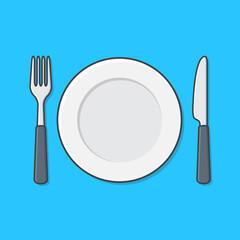 White Empty Plate With Fork And Knife Vector Icon Illustration. Kitchen Dishes For Food