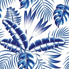 Fototapeta na wymiar tropical palm leaves illustration seamless pattern decorative with dark blue background. vector design. fashionable prints texture. Exotic tropics. Summer design. nature background. jungle wallpaper