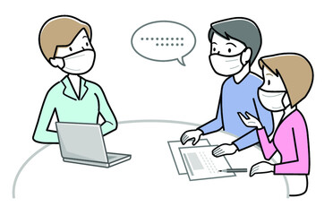 感染症対策のためマスクをして話し合いをする