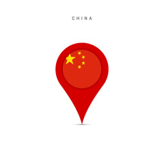 Teardrop map marker with flag of China. Chinese flag inserted in the location map pin. Flat vector illustration isolated on white background.