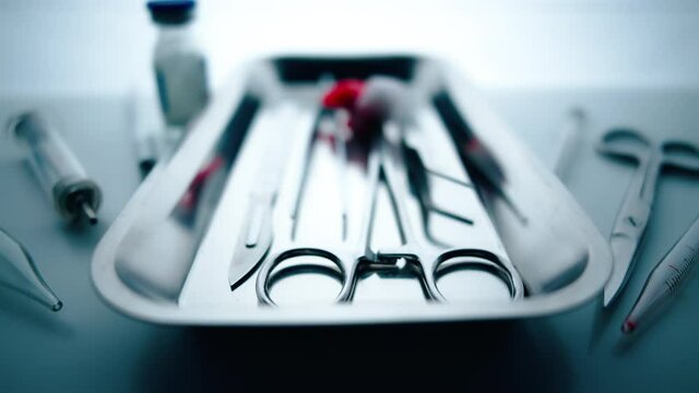 Medical instruments in steel tray on table for surgery. Preparing of surgical tools for a operation. Scalpels and forceps and tweezers. Surgery or emergency case and ambulance or treatment concept.