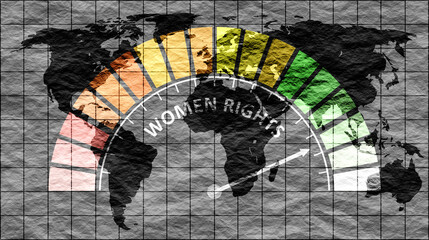 Women rights level meter and world map. Feminist movement concept