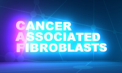 CAF - Cancer Associated Fibroblasts acronym. Neon shine text. 3D Render