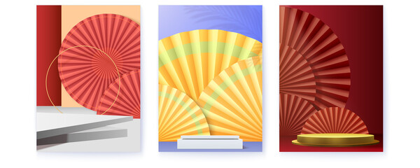 Set of covers with studios for product display and presentation. Paper fans and podium. Abstract background.