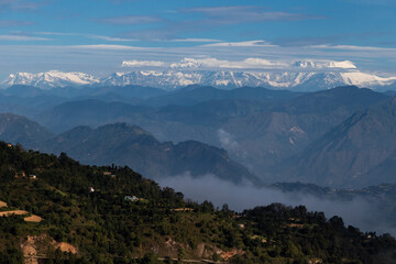 Obraz premium Beautiful mountain range and mountains located at Pokhara as seen from Bhairabsthan Temple, Bhairabsthan, Palpa, Nepal