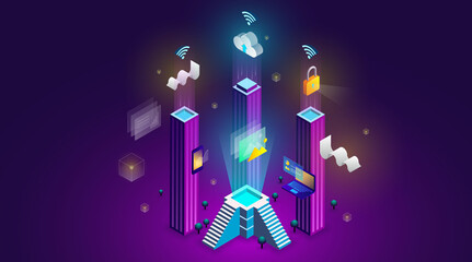 Fototapeta na wymiar Smart city concept infographic, edge computing. intelligent building isometric vector illustration. people network shared wifi services, computer technology, blockchain, cyber security