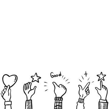 Hand Drawn sketch style of hands holding feedback symbols, User satisfaction. Customer review concept. on doodle style, vector illustration.