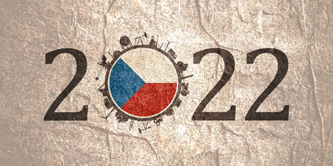 2022 year number with industrial icons around zero digit. Flag of Czech Republic.
