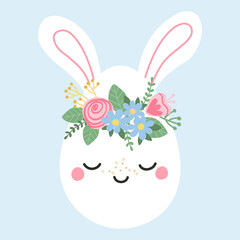 Cute easter egg with rabbit ears in warm pastel colors. Illustration spring character with bouquet flowers. Vector