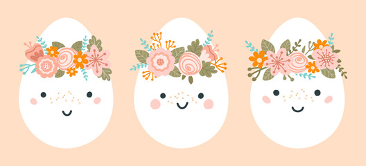 Set cute Easter eggs in pastel colors. Illustration Easter eggs characters with wreaths of flowers. Vector