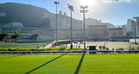 Outdoor horse racing stadium, soccer green field in Hong Kong