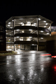 Stockholm, Sweden A Parking Garage At Night In The Vastberga Suburb.