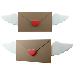 Set of Vector Realistic Craft Envelopes with Valentine's Day Hearts and Angel Wings.