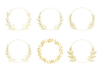 Set of golden botanical frames vector illustration. Collection of deciduous round gold wreaths. Bezels with leaves template for cards and invitations