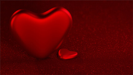 Realistic 3D colorful red romantic hearts Valentine background, shiny and festive.