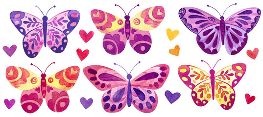 Set of watercolor butterflies and hearts isolated on white background.