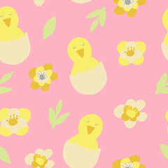 chick and flowers seamless pattern. wallpaper, textiles, wrapping paper. vector hand drawn doodle. trendy colors 2022. baby, easter.