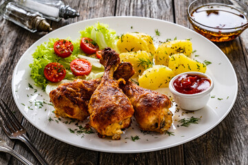 Barbecue chicken drumsticks with potatoes, lettuce and cherry tomatoes on wooden table