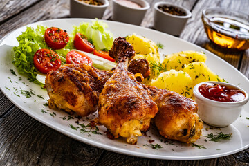 Barbecue chicken drumsticks with potatoes, lettuce, and cherry tomatoes on wooden table