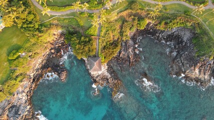 Fototapeta na wymiar Aerial view of the rocky coast off Maui's west side