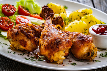 Barbecue chicken drumsticks with potatoes, lettuce, and cherry tomatoes on wooden table