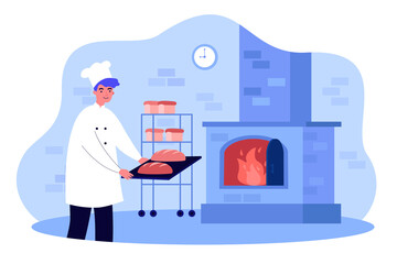 Professional baker making bread in oven