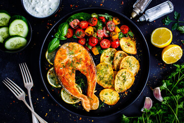 Fried salmon steak with potatoes and fresh vegetable salad served on black plate on wooden table

