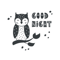 Owl with lettering Good night. Black graphic bird on branch with hand drawn text for sticker, poster, print. Cartoon kids illustration on white background. Silhouette vector clipart. Scandi style