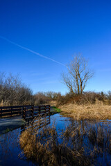 Walking trail in rural park on a sunny winter day, wood bridge across river overflowing its banks
