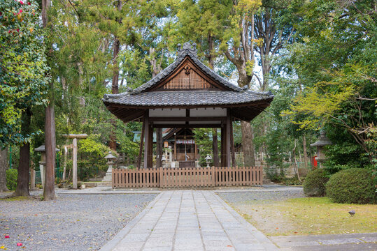 Kyoto, Japan - Apr 05 2020 - Konoshimanimasu Amaterumitama Shrine (Kaiko no Yashiro) in Kyoto, Japan. The Shrine was a history of over 1300 years.