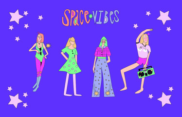 Space girls: retro girls, kidcore aesthetics, bright and colorful.