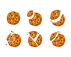 Bitten cookies with chocolate chips set. Broken freshly baked dessert. Vector cartoon illustration isolated background