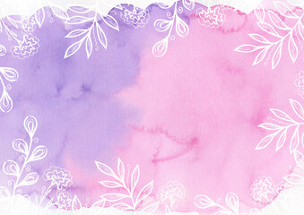 Watercolor pink and violet provence background. Floral elements. White leaves. Multicolorcolor Backdrop. Blot and Splash