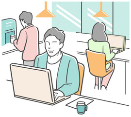 コワーキングスペースで仕事をする若い男性