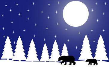Silhouettes of bears on the background of the forest.