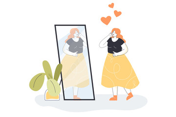 Smiling narcissist woman standing in front of mirror