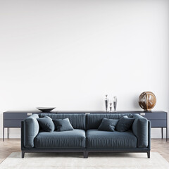Beautiful interior of a modern room. Bright and clean design. A sofa standing by a large window against a wall background. 3D rendering