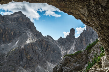 Fototapeta na wymiar Cadini di Misurina gallery on hiking mountain path, Italy, Trentino