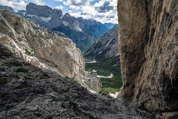 Expert alpine hiking trail in Trentino dolomite, Sud Tyrol, Misurina
