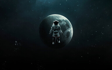 Obraz na płótnie Canvas Astronaut on the background of the moon in space. 5K realistic science fiction art. Elements of image provided by Nasa