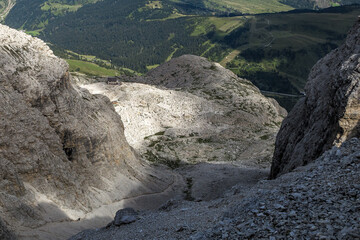 Hiking trail in Sella Group dolomite ridge, Piz Boè, Trentino Alps
