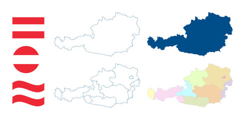 Austria map. Detailed blue outline and silhouette. Administrative divisions and nine states. Country flag. Set of vector maps. All isolated on white background. Template for design and infographics.