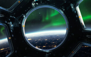Space station porthole and Earth with northern lights. 5K realistic science fiction art. Elements of image provided by Nasa