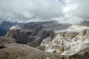 Alpine peaks panorama on Sella Group dolomite, Italy, Trentino alps