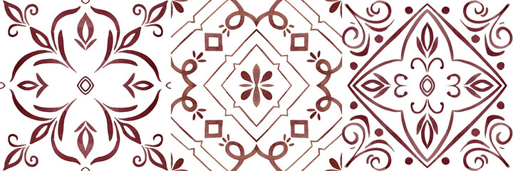Set of watercolor illustrations - ceramic tile stylization with color ornaments. Azulejos portugal, Turkish ornament, Moroccan tile mosaic, Talavera ornament.