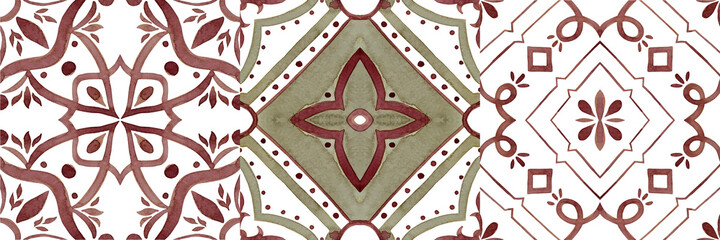 Set of watercolor illustrations - ceramic tile stylization with color ornaments. Azulejos portugal, Turkish ornament, Moroccan tile mosaic, Talavera ornament.