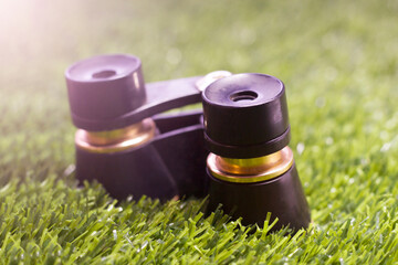 Retro theatrical binoculars on the grass in the park